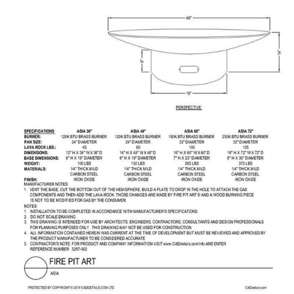 Fire Pit Art Asia Carbon Steel Gas Fire Pit - Asia 36"-FPA-MLS120-NG