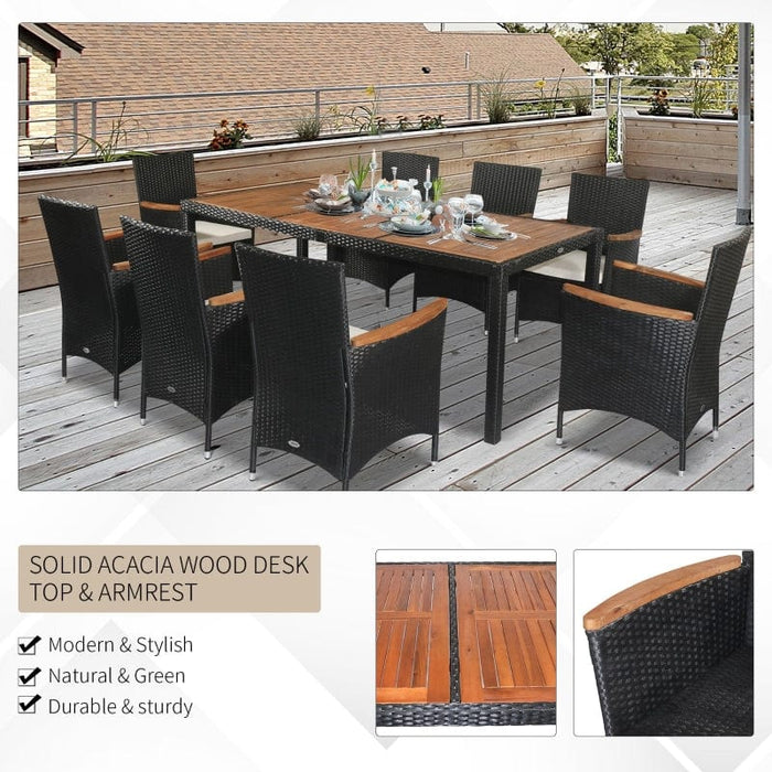 Outsunny 9 Piece Patio Dining Set Rattan Wicker Furniture Set with Acacia Wood Table Top - 861-035