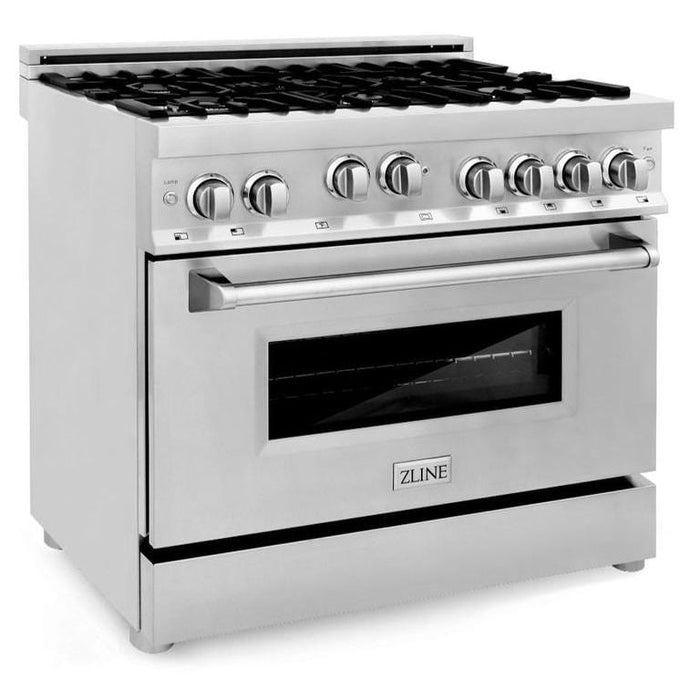ZLINE Appliance Package - 36 in. Gas Range, Range Hood, Microwave Drawer, 3 Rack Dishwasher, 4KP-RGRH36-MWDWV