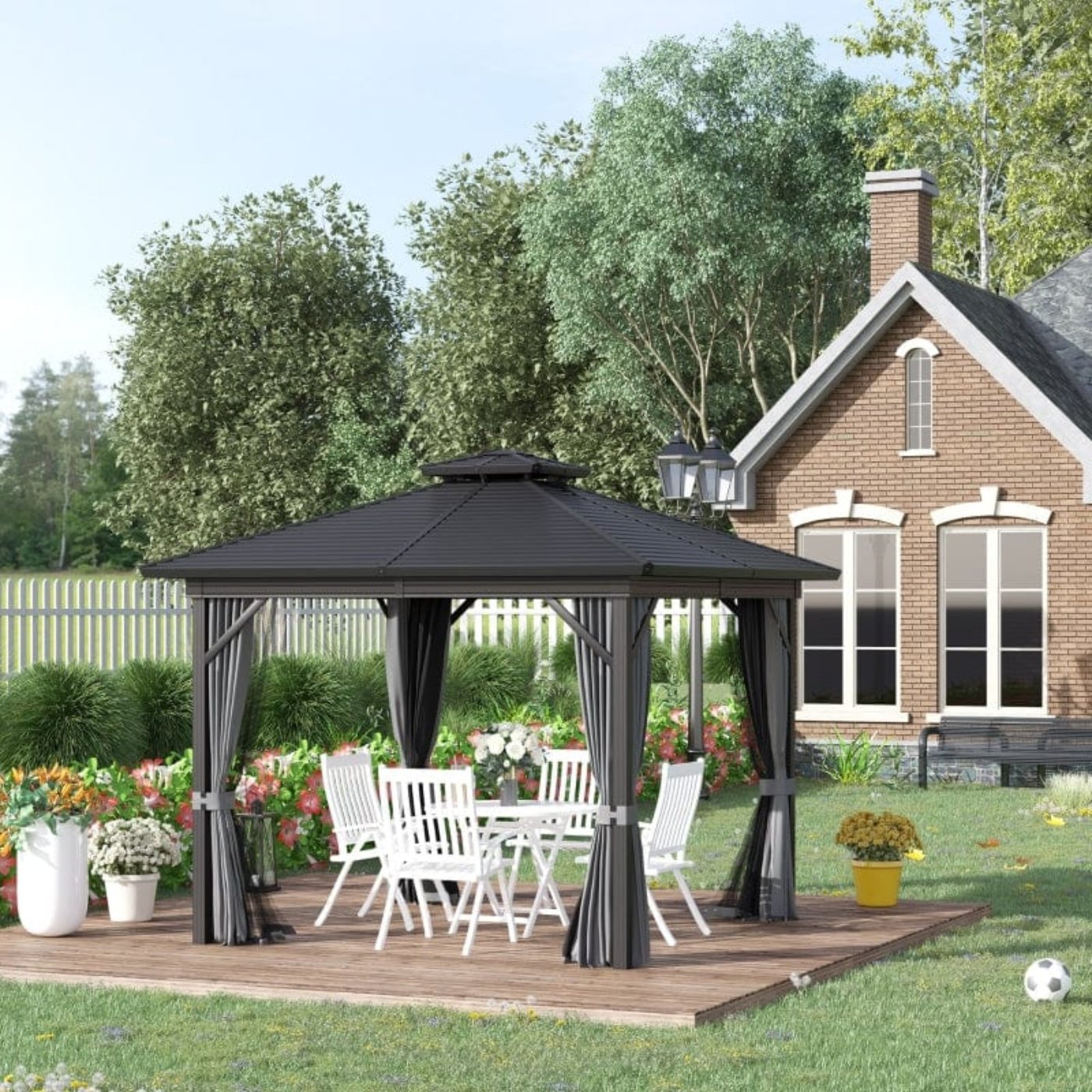 Outsunny Outdoor 2-Tier 10' x 10' Patio Hard Top Aluminum Gazebo w/ Mesh Privacy Sidewalls - 84C-145V02