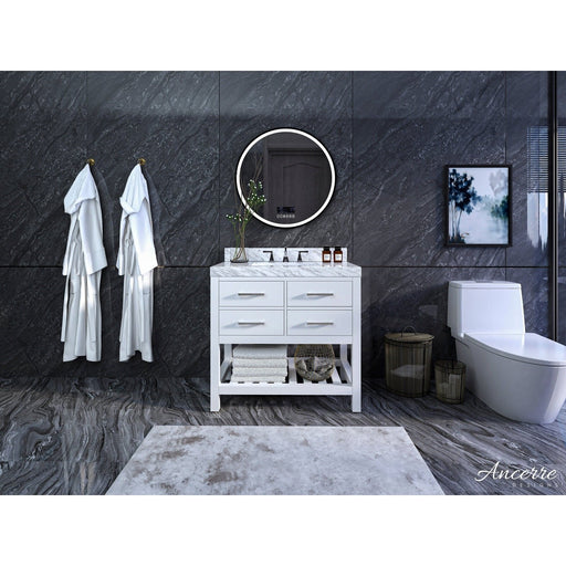 Ancerre Elizabeth Bathroom Vanity with Sink and Carrara White Marble Top Cabinet Set - VTS-ELIZABETH-36-W-CW - Backyard Provider