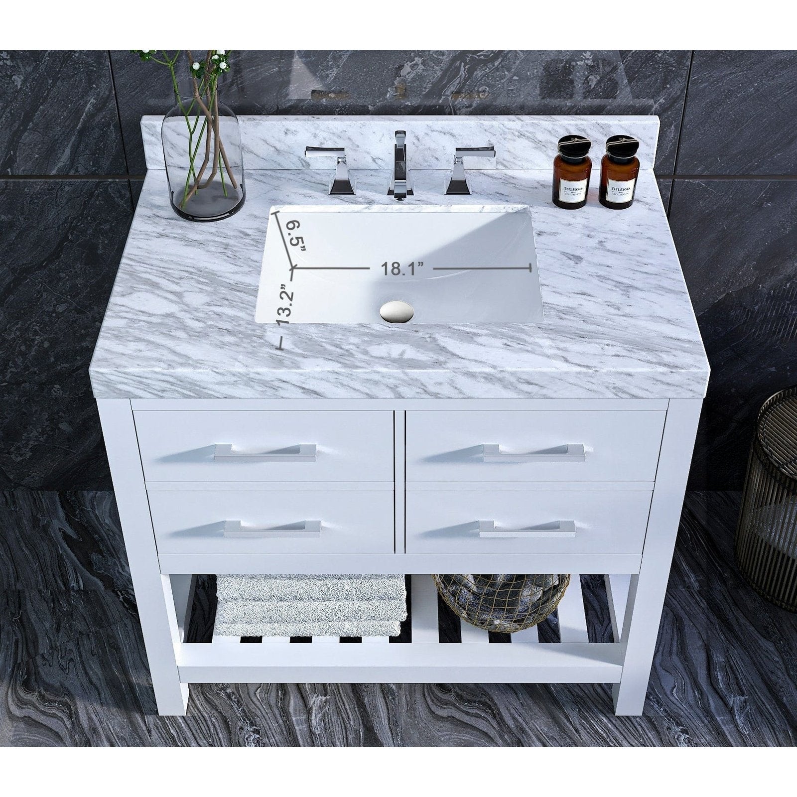 Ancerre Elizabeth Bathroom Vanity with Sink and Carrara White Marble Top Cabinet Set - VTS-ELIZABETH-36-W-CW - Backyard Provider