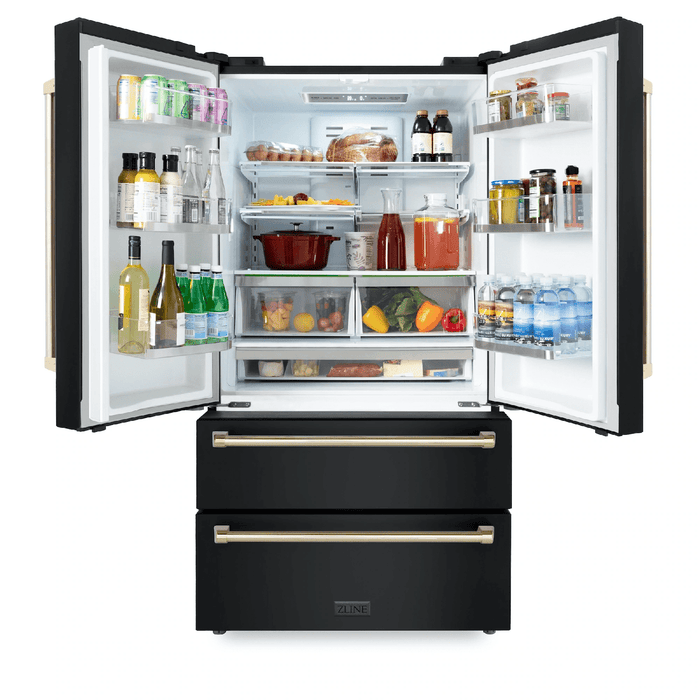 ZLINE 36 In. Autograph 22.5 cu. ft. Refrigerator with Ice Maker in Fingerprint Resistant Black Stainless Steel and Gold Accents, RFMZ-36-BS-G