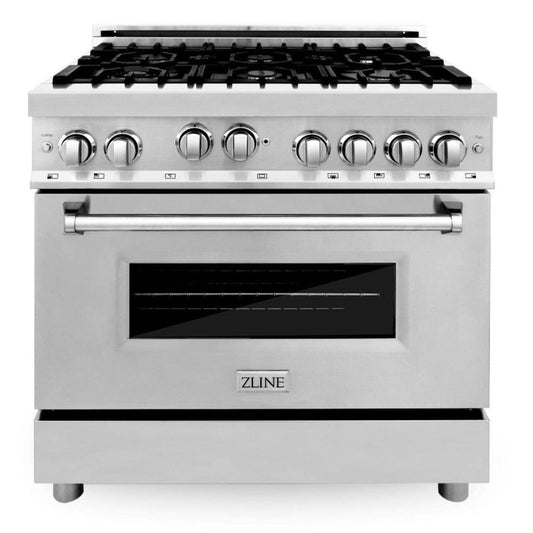 ZLINE Appliance Package - 36 in. Gas Range, Range Hood, Microwave Drawer, 3 Rack Dishwasher, 4KP-RGRH36-MWDWV