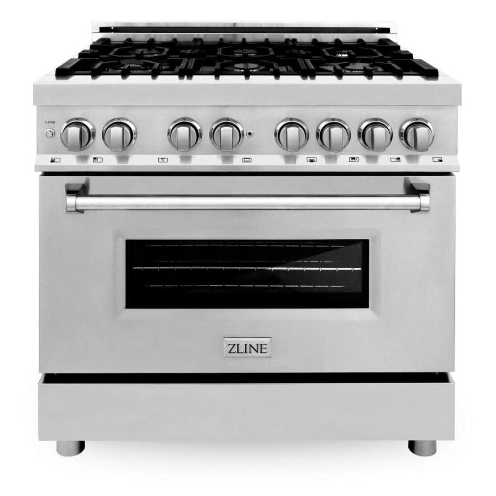 ZLINE Appliance Package - 36 in. Dual Fuel Range, Range Hood, Microwave Drawer, 3 Rack Dishwasher, 4KP-RARH36-MWDWV